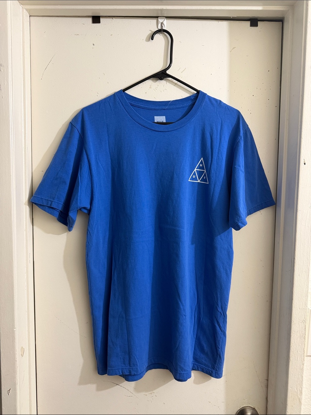HUF Blue Crewneck Tee with Small White Triangle Logo